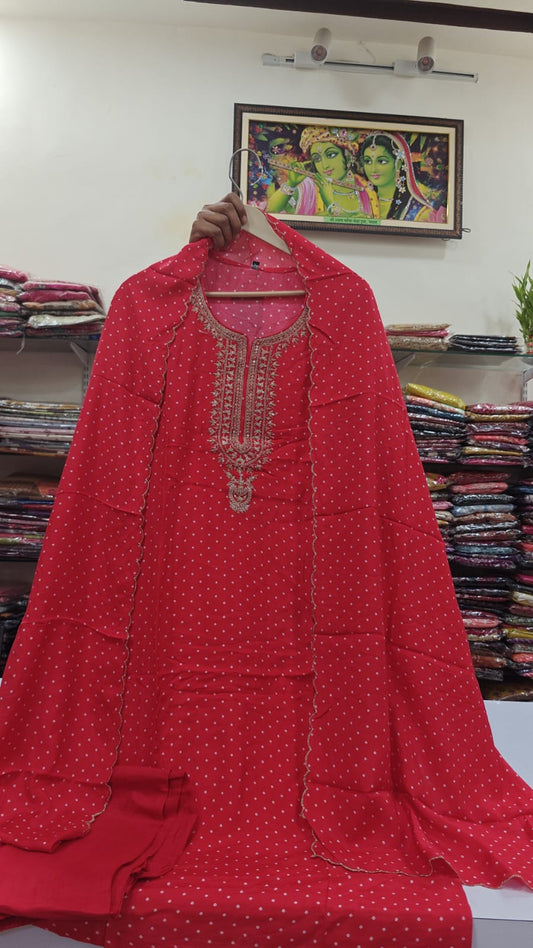 Red bandani pure mul silk three piece set (A939)