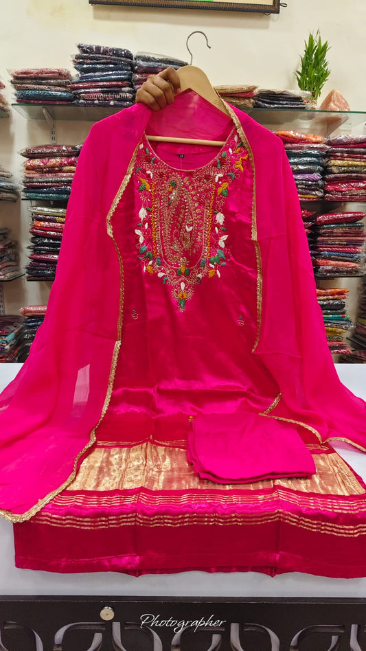 Pure gaji silk with lagdi border three piece set (A1172)