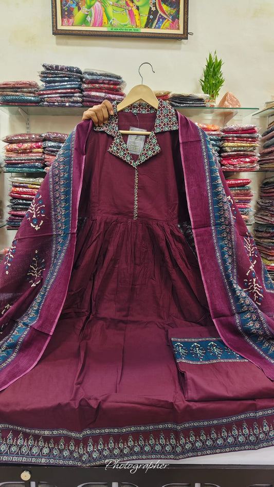 Purple pure cotton ajrakh print three piece set (A983)