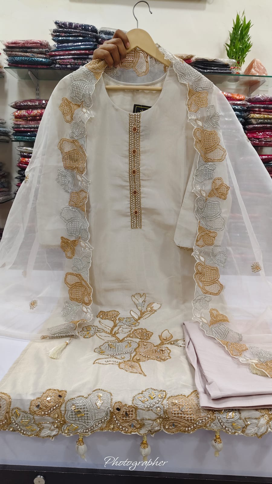 Ivory pure tissue with full hand work three piece set (A1204)