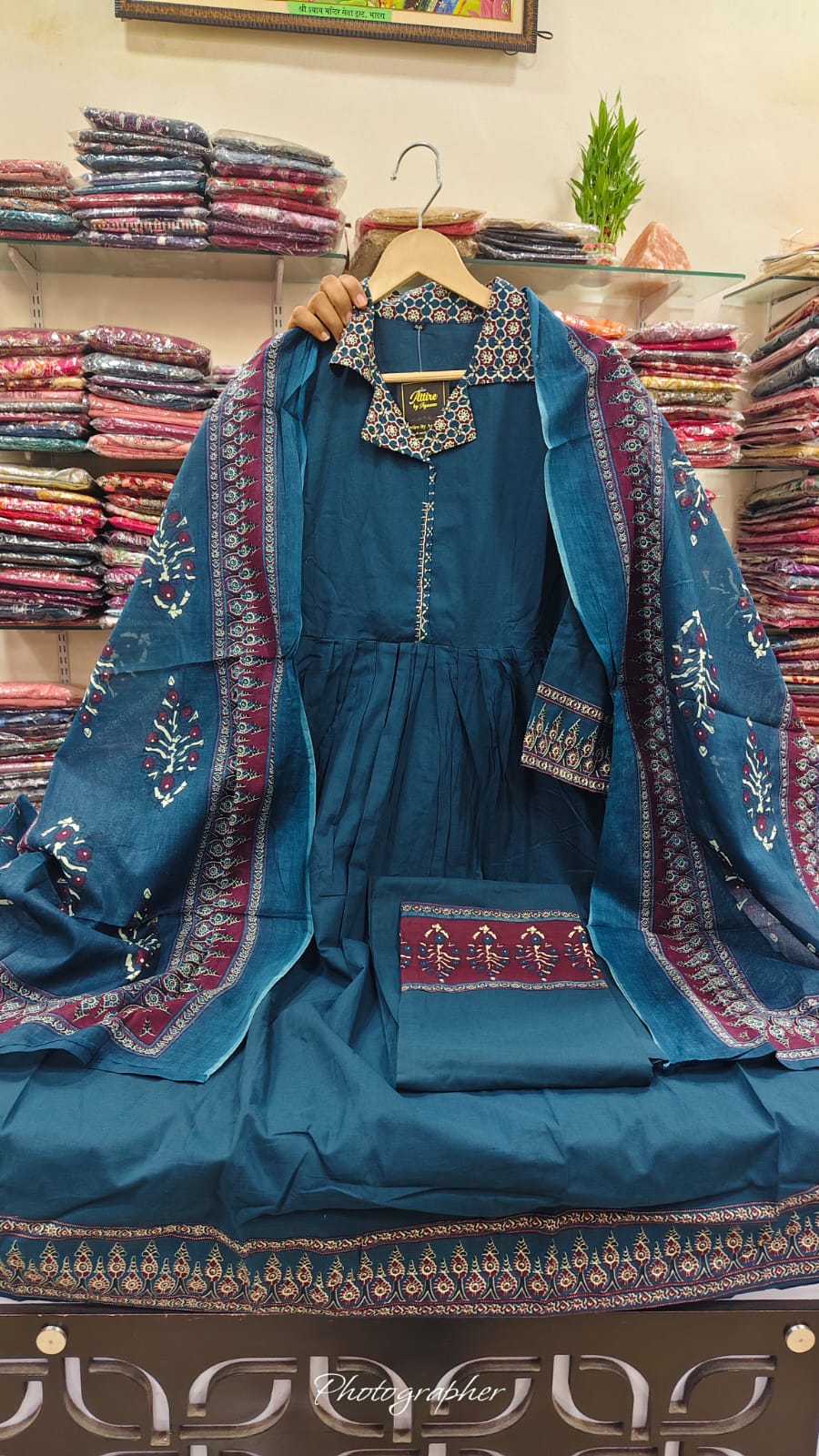 Blue pure cotton ajrakh print three piece set (A982)