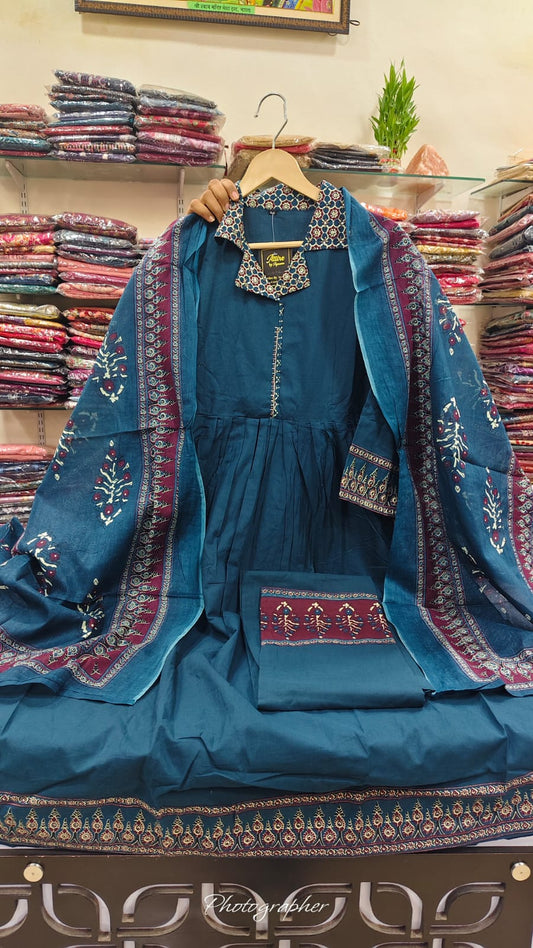 Blue pure cotton ajrakh print three piece set (A982)