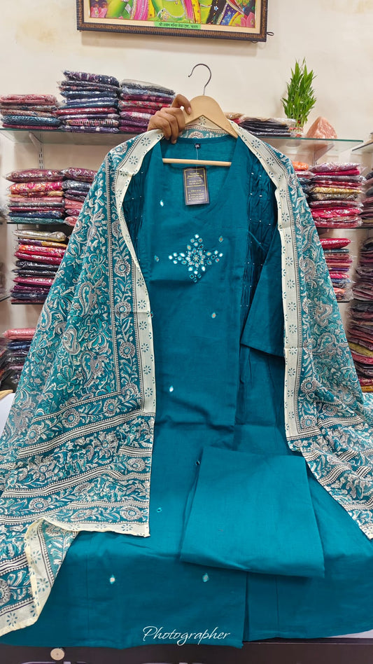 Firozi blue pure cotton three piece set (A1185)