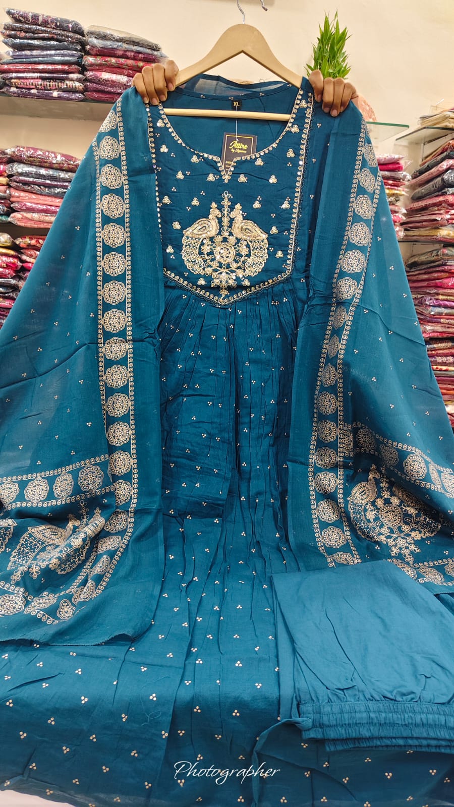 Blue mul cotton with lining three piece set (A557)