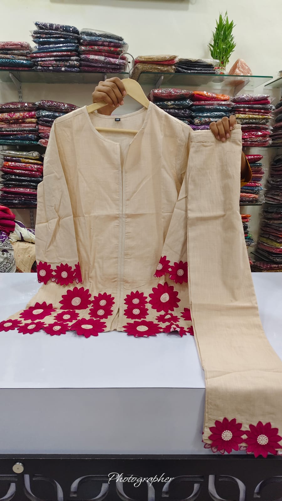 Off white cotton linen two piece cordset (A533)