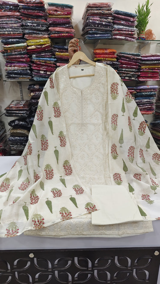 Off white full chikankari with chanderi silk dupatta three piece set (A1319)