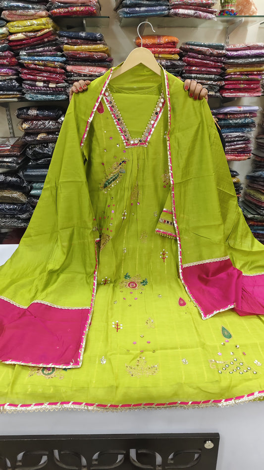 Neon green pure mul chanderi with lurex lining three piece set (A1318)