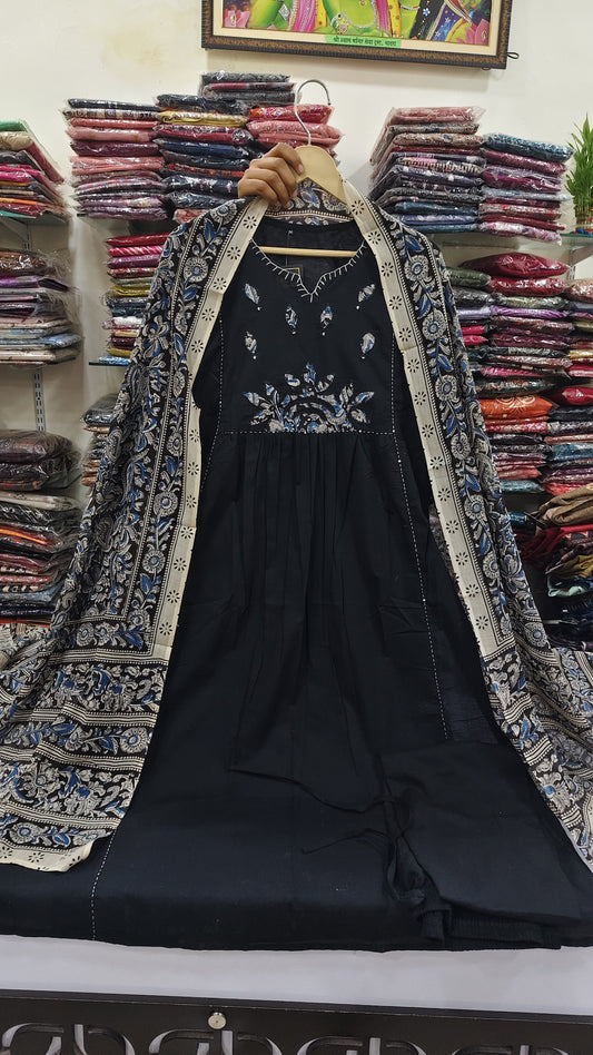 Black pure cotton with kalamkari dupatta three piece set (A1479)