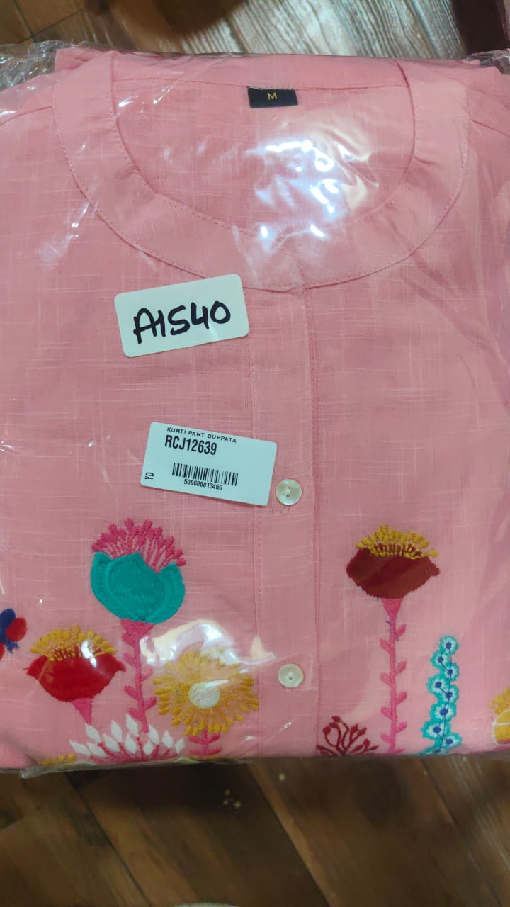 Pink pure cotton fully thread work three piece (A1540)