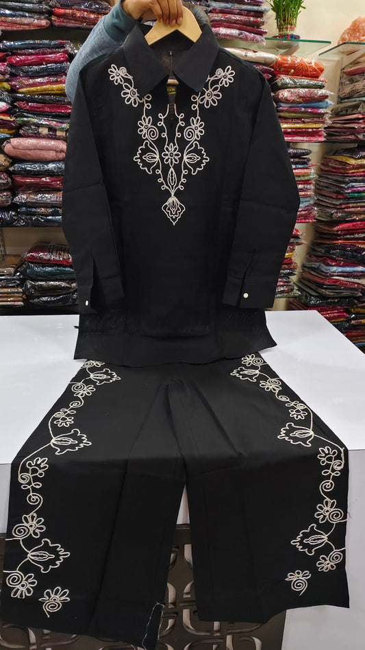 Pure cotton linen full thread work two piece cordset (A1614)