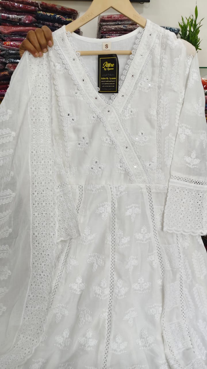 White mul cotton fully embroidered three piece set (A1610)
