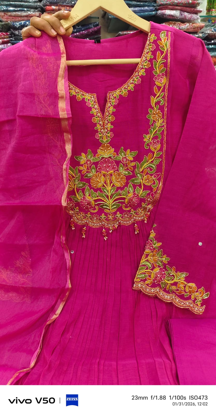 Pure mul chanderi full hand work three piece set (A1772)