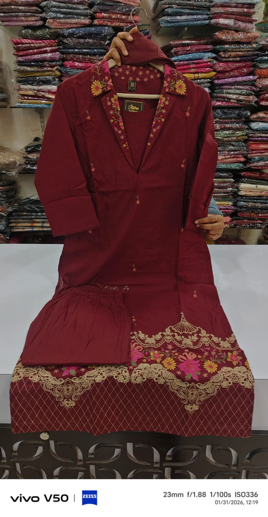 Pure cotton fully thread work three piece set (A1762)