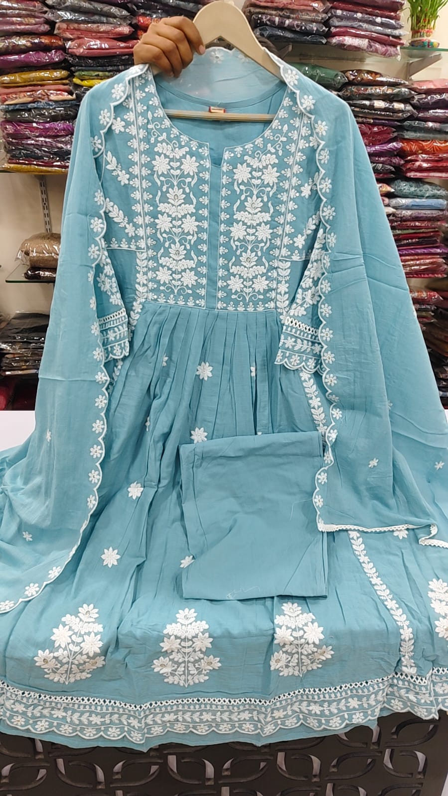 Powder blue full thread embroidered three piece set     (A1846)