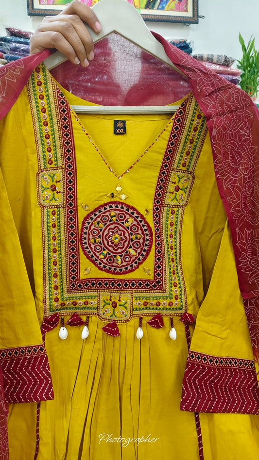 Yellow cotton with applique work designer three piece set        (A1872)