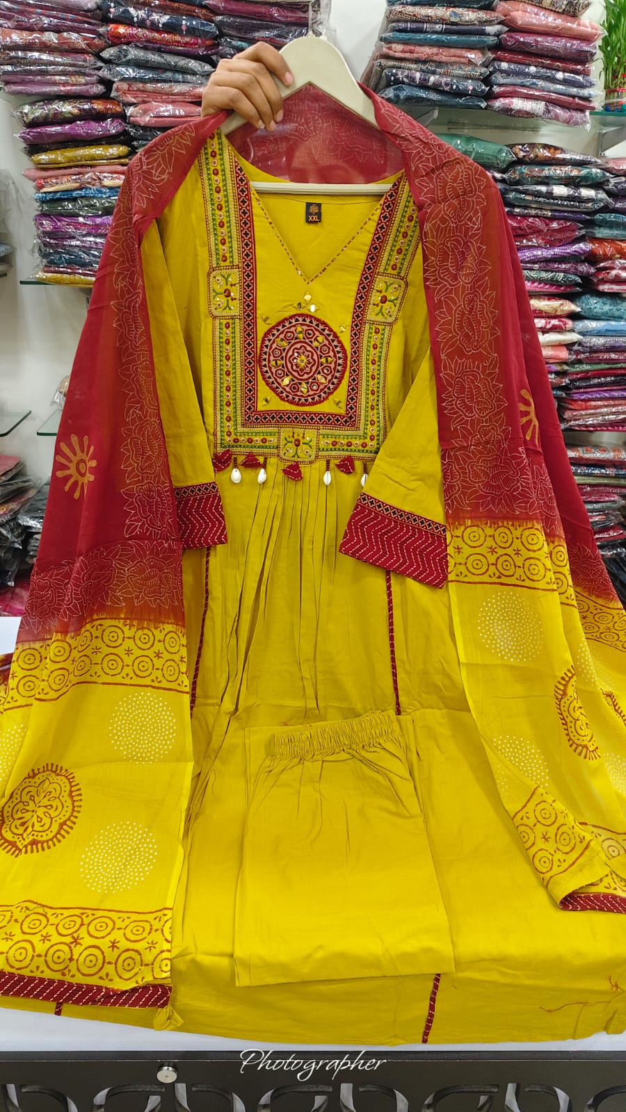 Yellow cotton with applique work designer three piece set        (A1872)