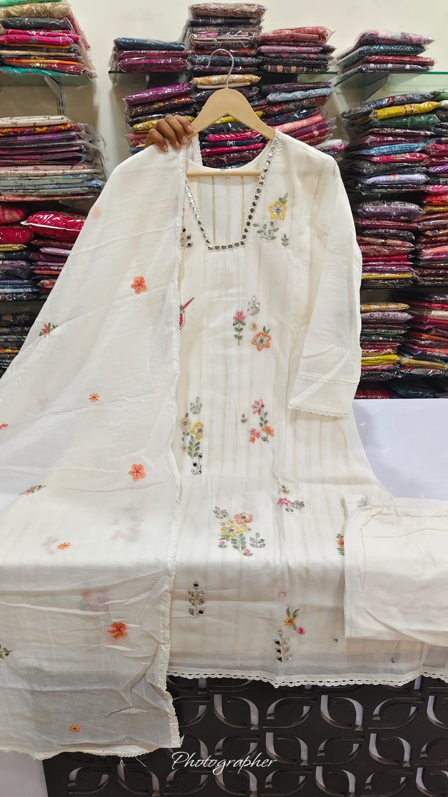 Chanderi with lurex lining full thread work three piece set (A1974)