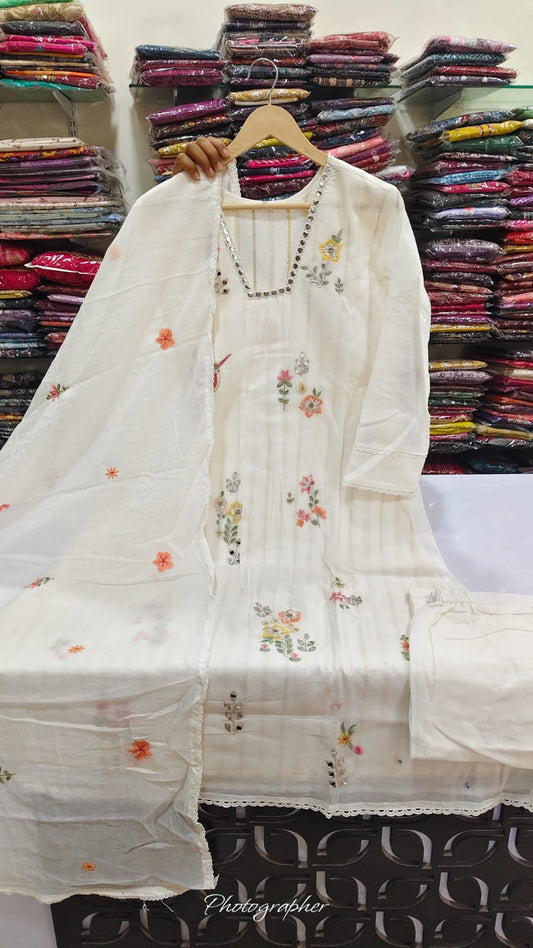 Chanderi with lurex lining full thread work three piece set (A1974)