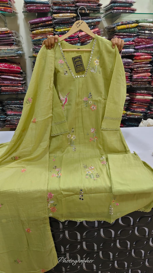 Chanderi with lurex lining full thread work three piece set (A1973)