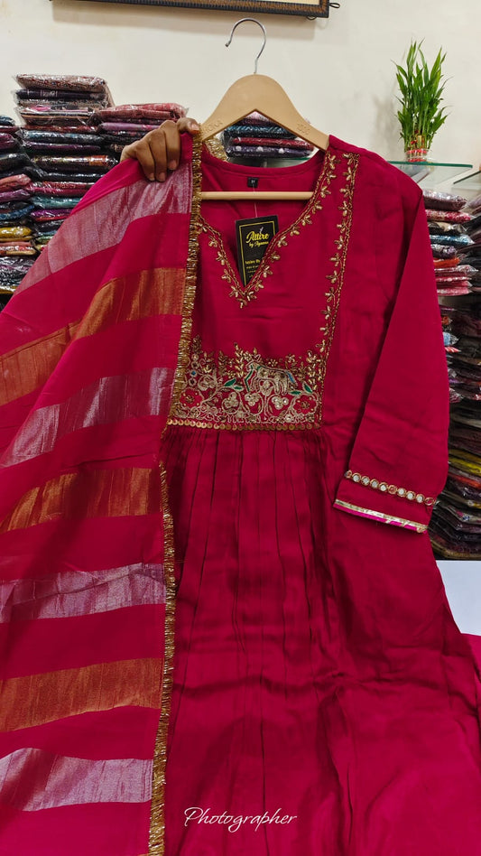 Russian silk with lining full real mirror work and tissue dupatta three piece set (A1998)