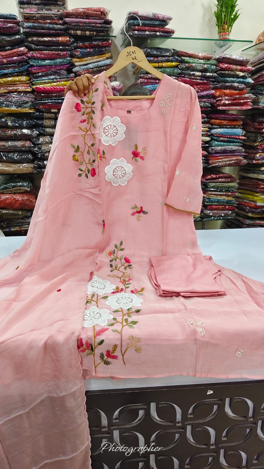 Pure mul chanderi with full applique work three piece set (A1987)