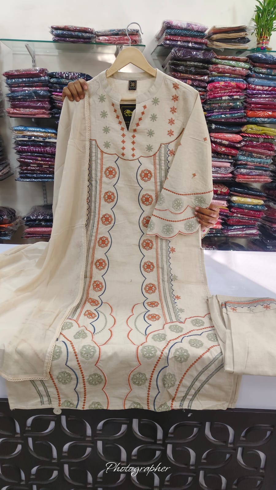 Handloom cotton fully thread work three piece set (B271)