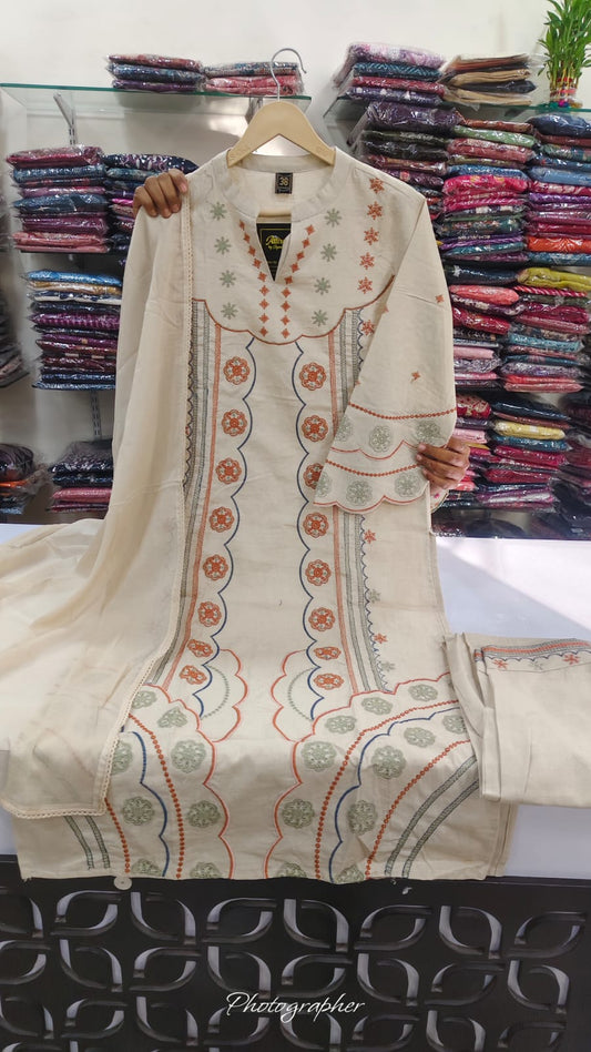 Handloom cotton fully thread work three piece set (B271)