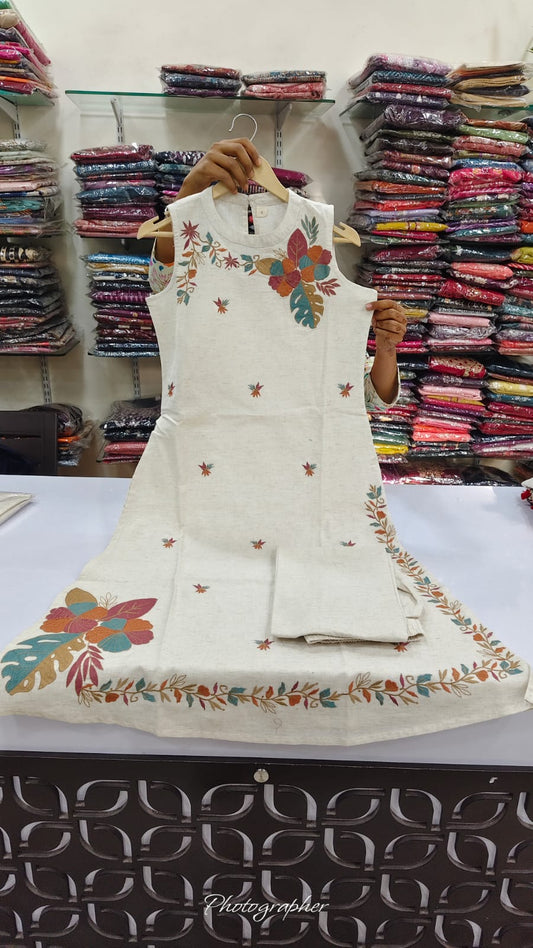 Handloom cotton two piece cordset with embroidered additional half sleeves (B270)