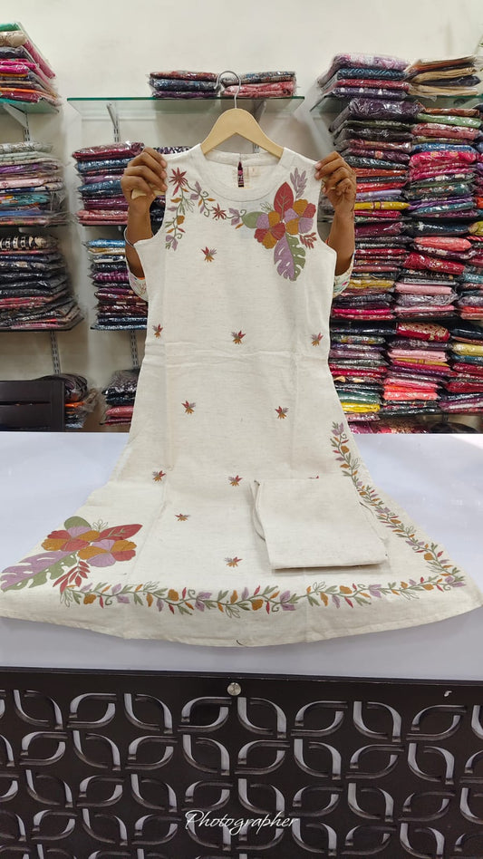 Handloom cotton two piece cordset with embroidered additional half sleeves (B269)
