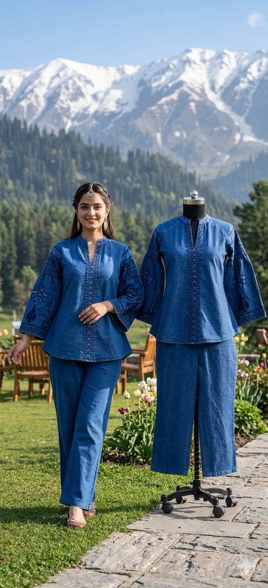 Soft denim with embroidery smart two piece cordset (B553) (next week dispatch)