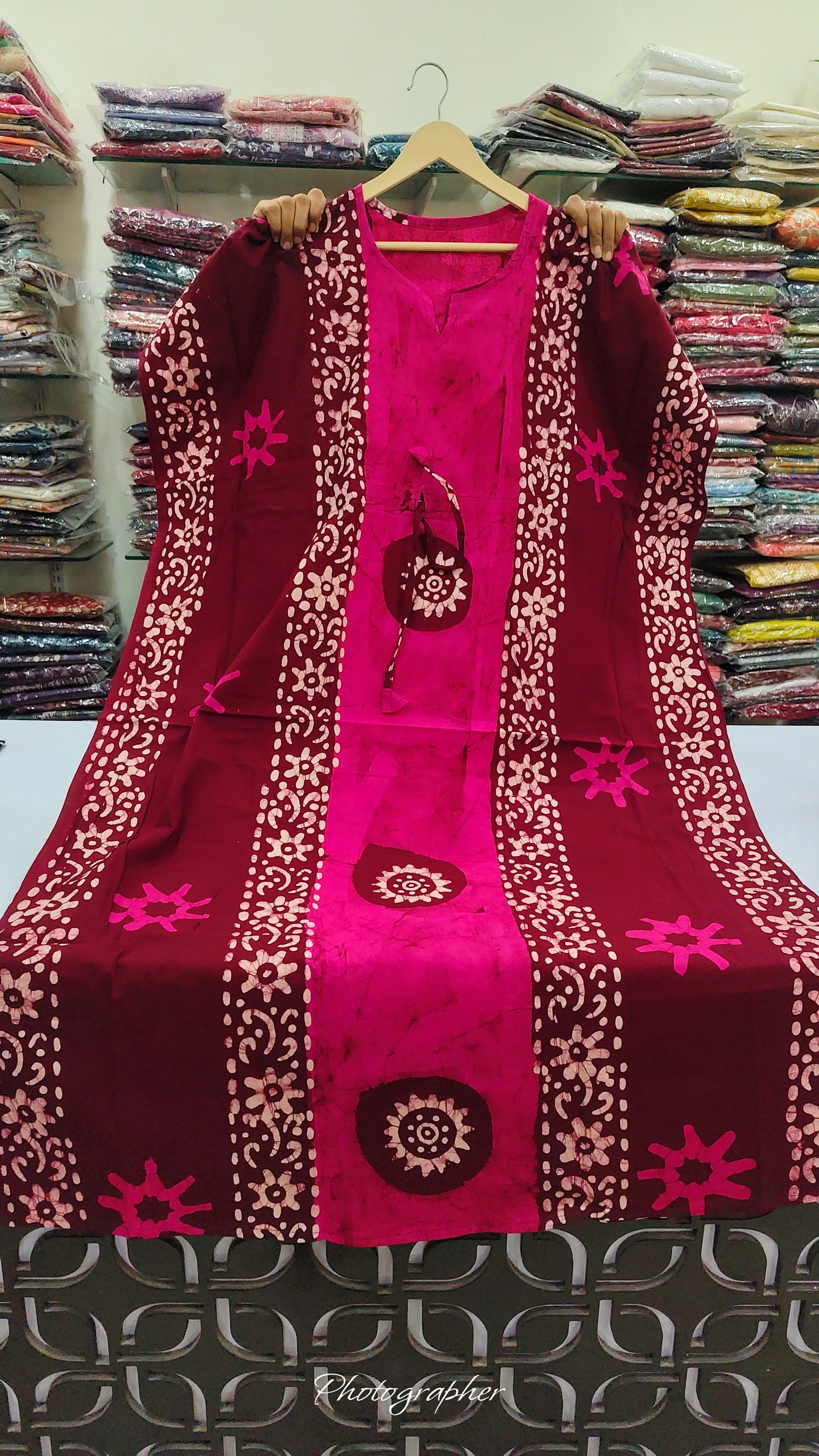 Pure cotton original block print kaftan style night gown  (free size upto 46 size) (B711)