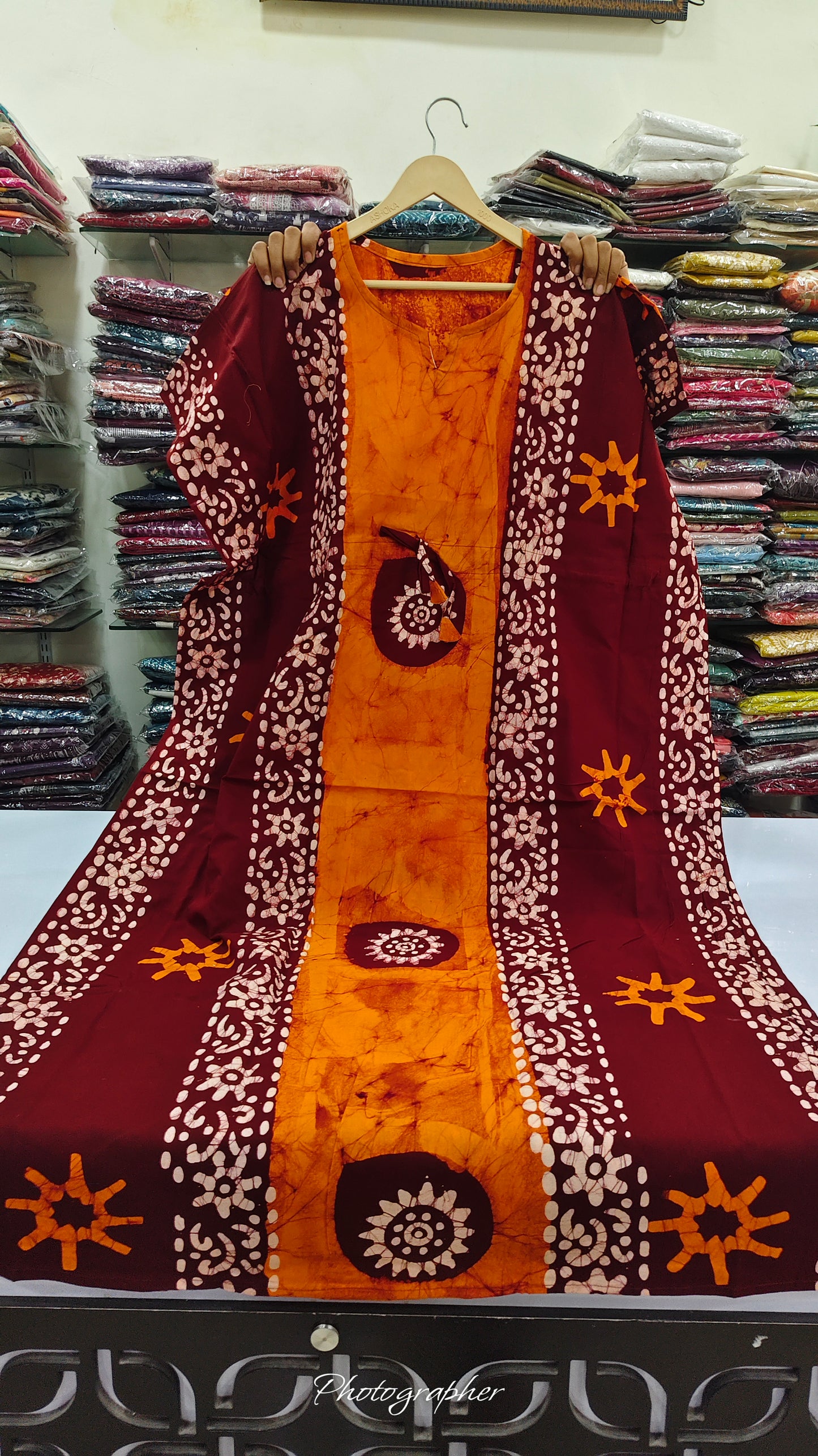 Pure cotton original block print kaftan style night gown  (free size upto 46 size) (B711)