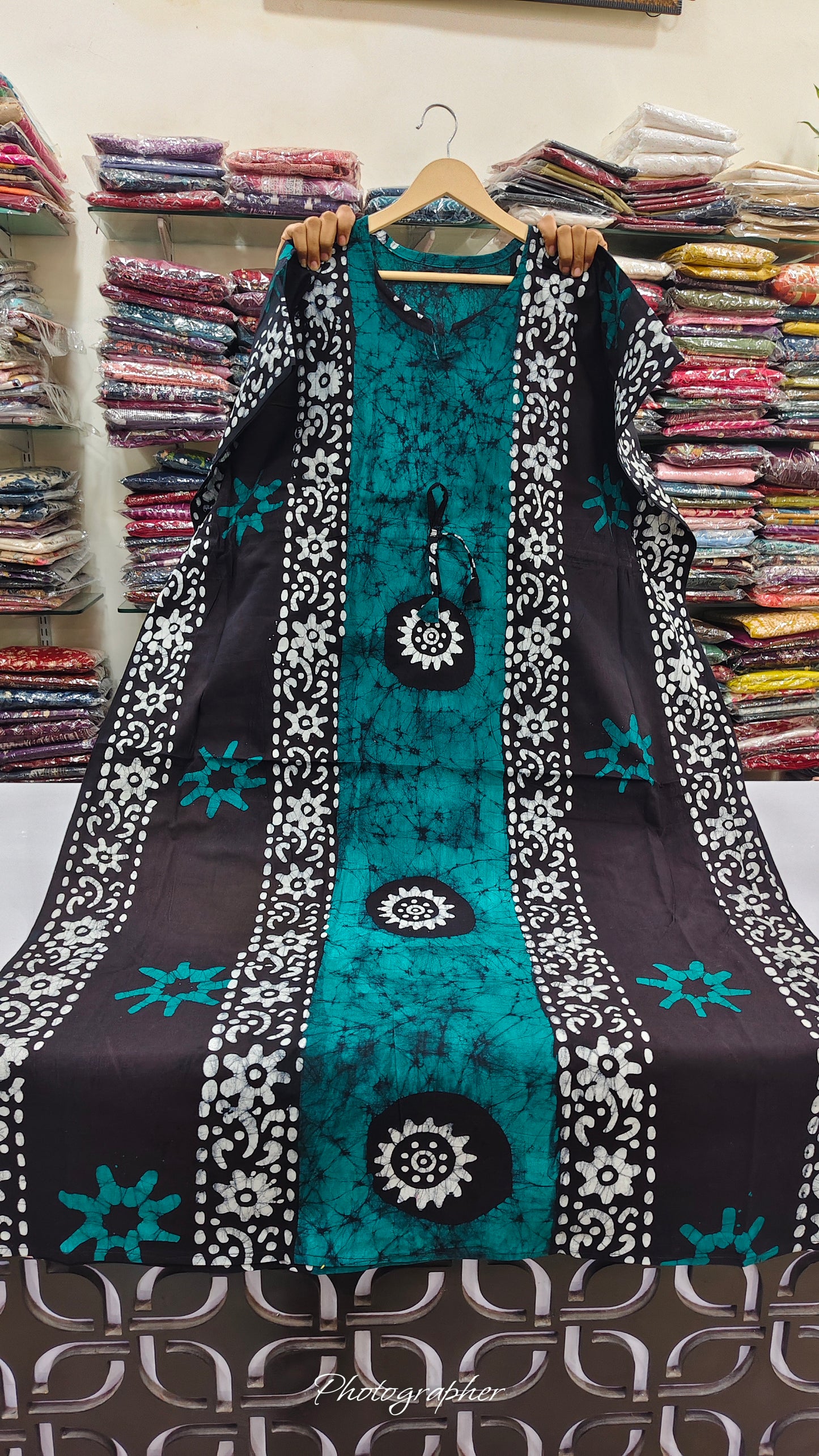 Pure cotton original block print kaftan style night gown  (free size upto 46 size) (B711)