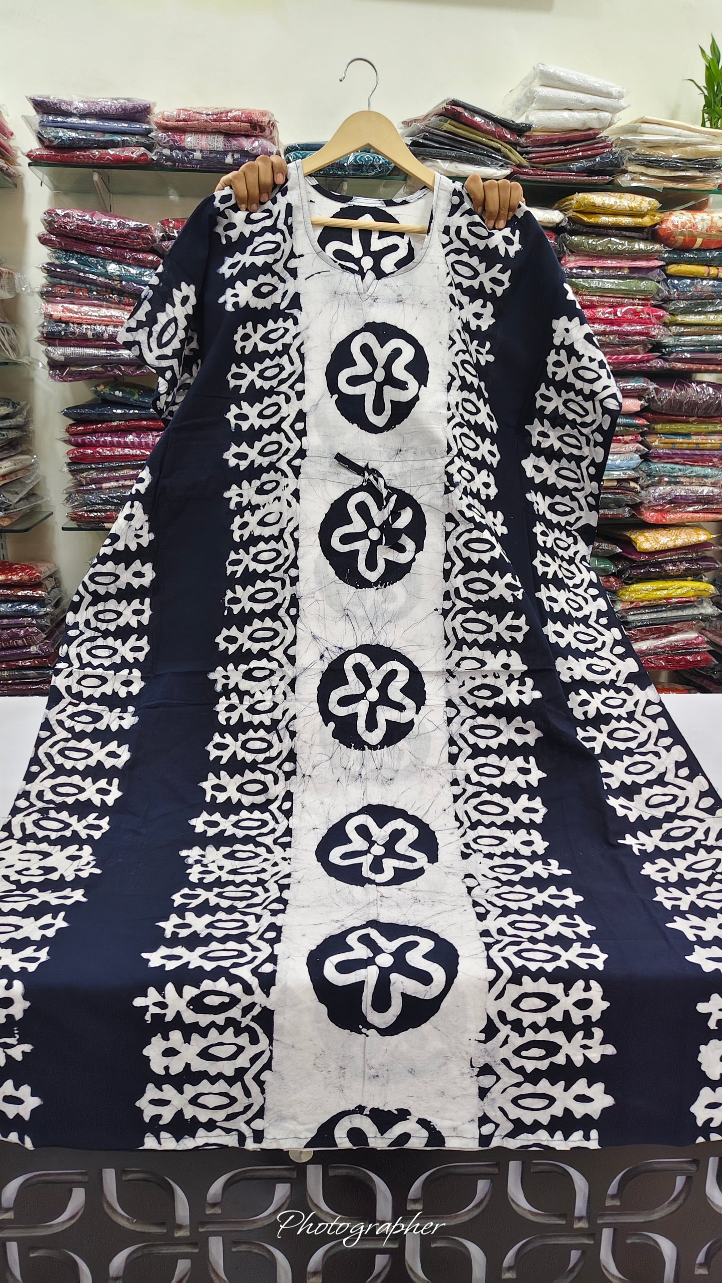 Pure cotton original block print kaftan style night gown (B712) (free size upto 46 size)