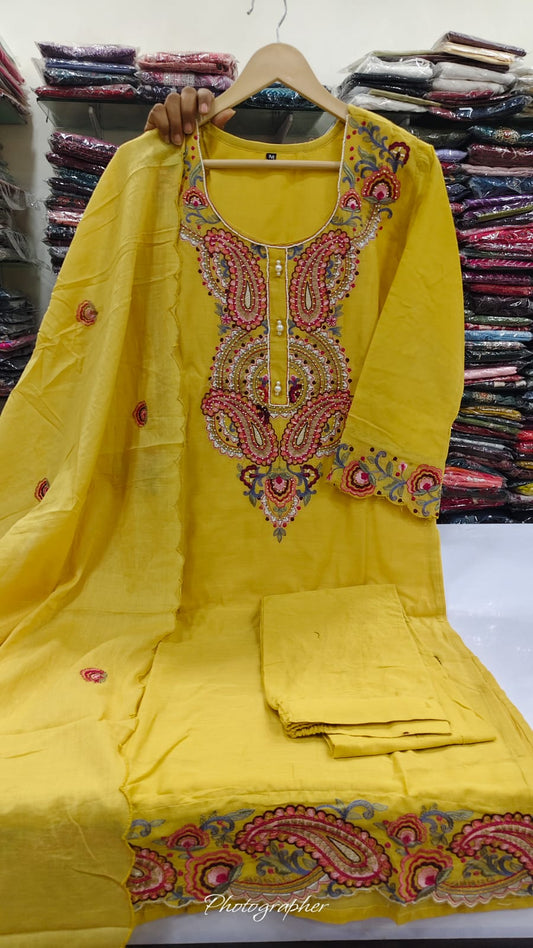 Soft cotton chanderi with thread work three piece set (B768)