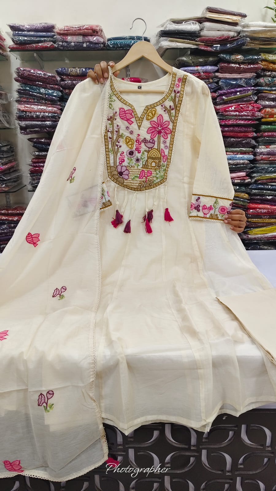 Soft mul chanderi with hand work three piece set (B763)
