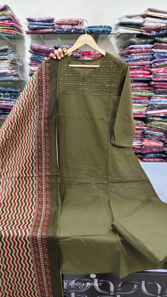Dark green pure cotton three piece set (B761)