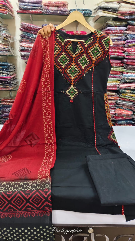 Cotton with Fully thread work additional half sleeves three piece set (B769)