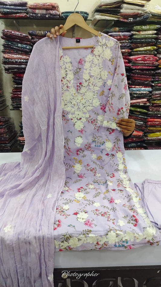 Mul cotton with lining full chikankari three piece set (B794)