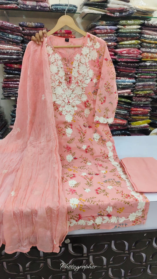 Mul cotton with lining full chikankari three piece set (B795)