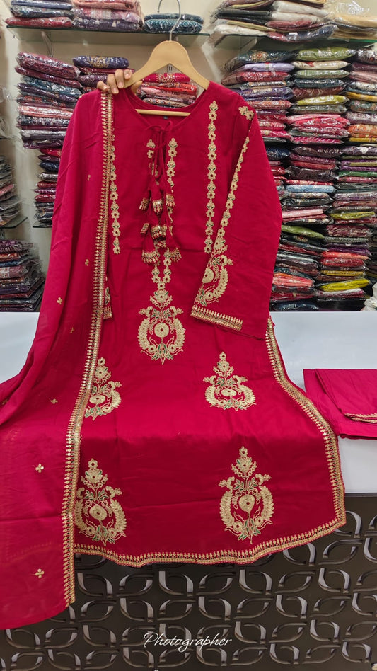 Pure cotton with lining full zari work three piece set (B805)