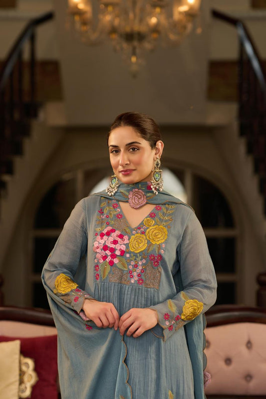 Crush cotton with mul lining fully embroidered three piece set (B840)
