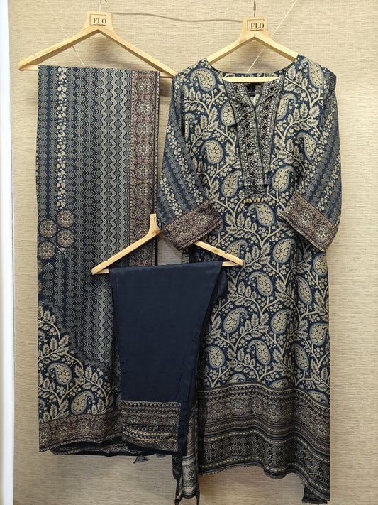 Pure silk with kalamkari dupatta three piece set (B959)