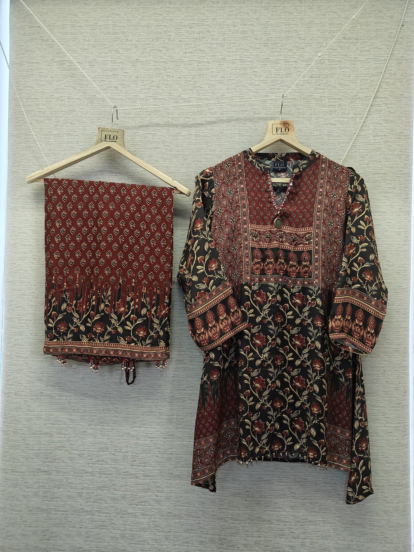 Pure crape kalamkari print two piece cordset (B964)