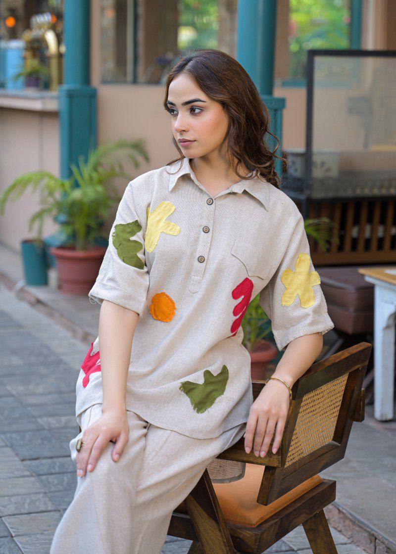 Jute linen with applique work two piece cordset (B957)