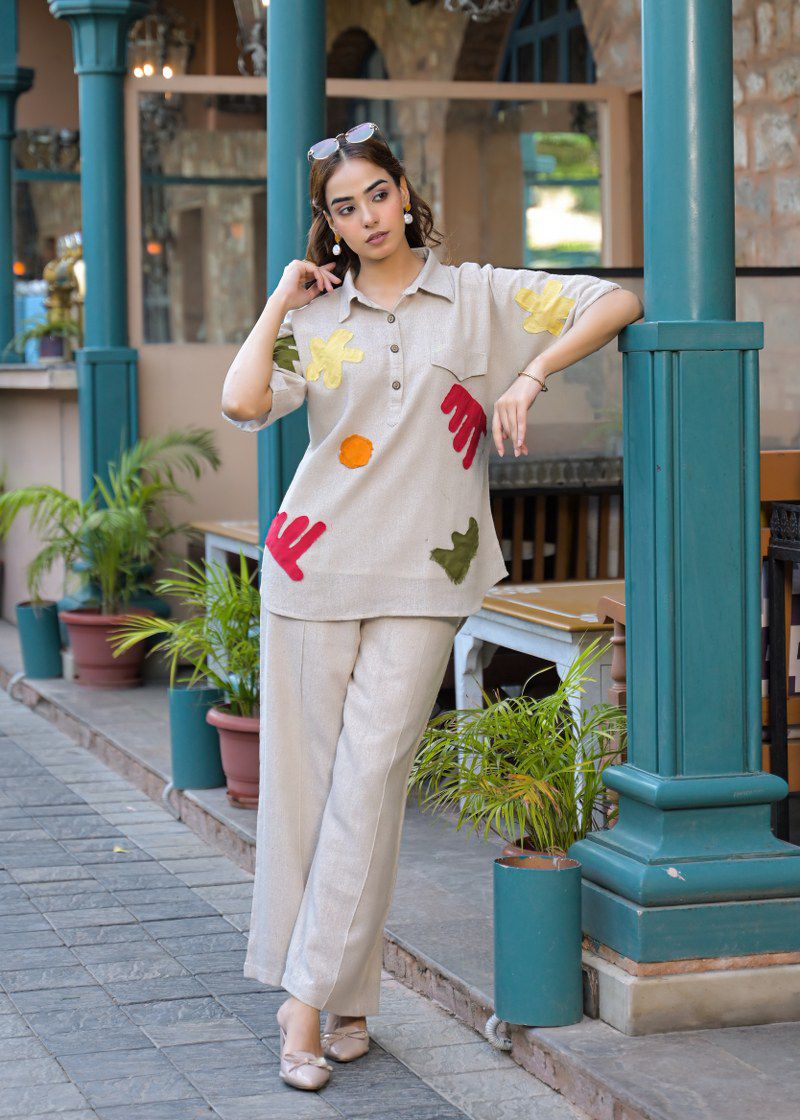 Jute linen with applique work two piece cordset (B957)