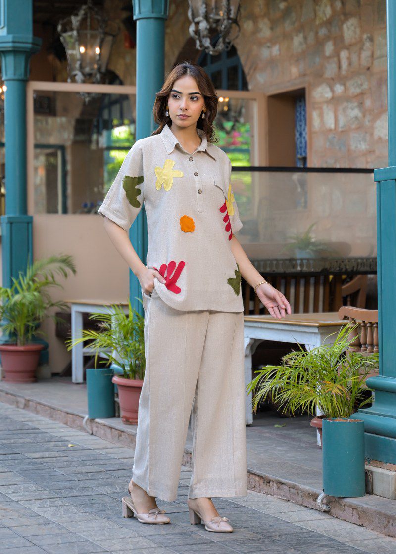 Jute linen with applique work two piece cordset (B957)