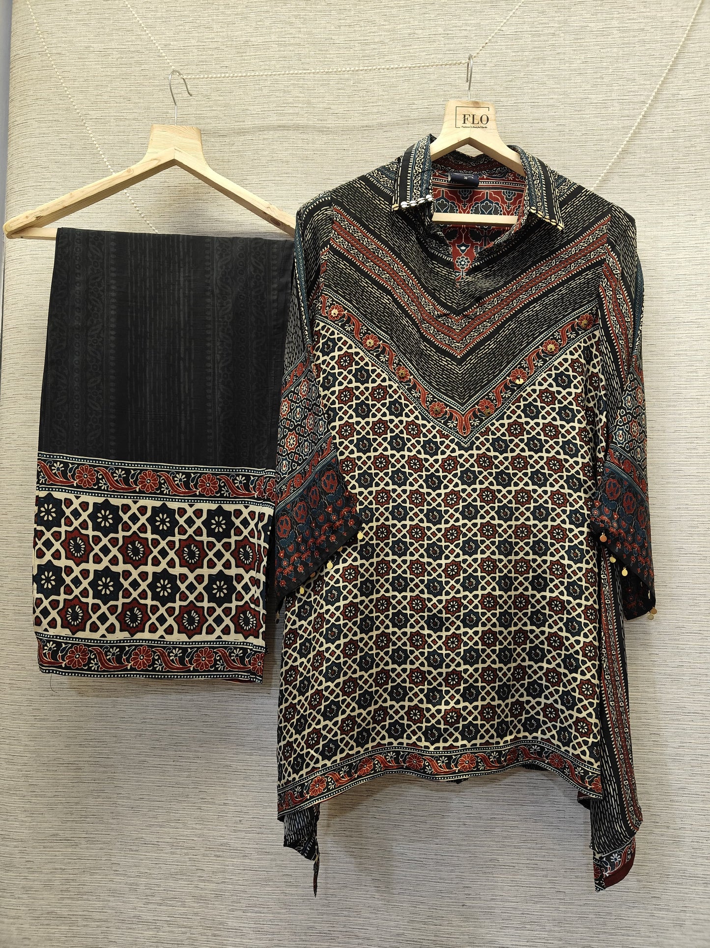 Pure crape Ajrakh print two piece cordset (B955)