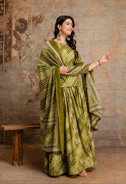Pure cotton lehriya with flared skirt three piece set (C139)