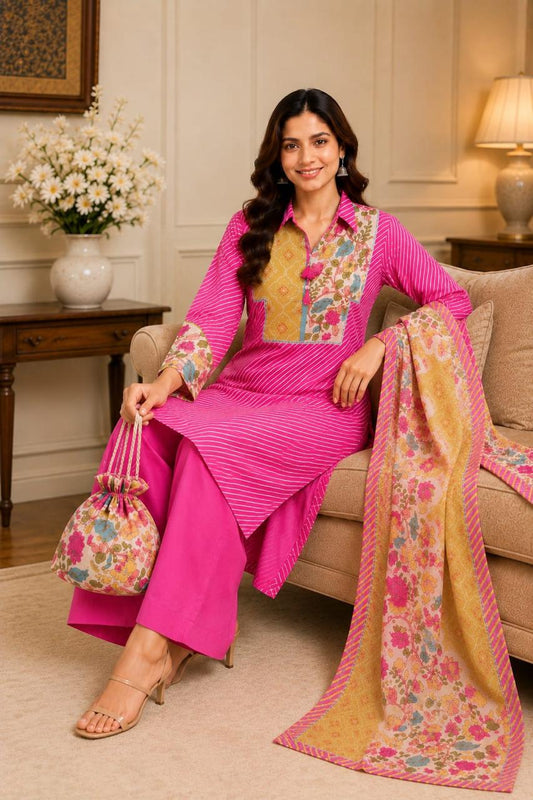 Pure muslin with kalamkari dupatta and potli too three piece set (C253)